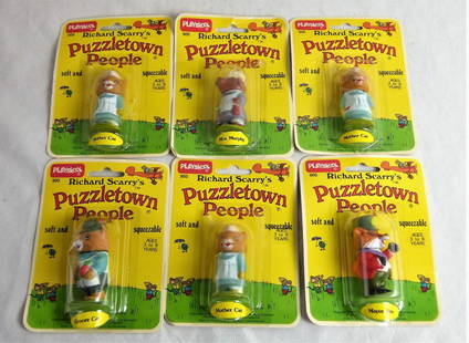 Playskool Richard Scarry's Puzzletown People Toys: Group oRichard Scarry's Puzzletown People Toys from 1976 on cards. Condition: New