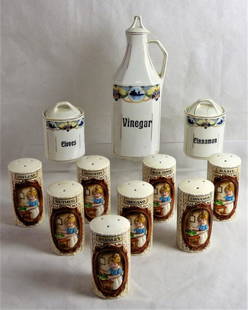 Vintage Sears Roebuck & Co Spice Jars: Set of Vintage Sears Roebuck & Co Spice Jars and German Made Vinnegar Cruet with two Spice Canisters. Condition: Good