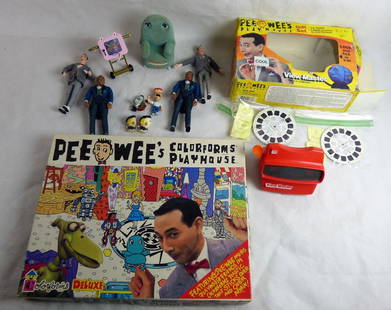 Pee-Wee's Playhouse Toy & Game Assortment: Lot Includes: Vintage 1980's Pee-Wee's Playhouse View Master Set with 3 extra Reels; Pee-Wee's Playhouse Deluxe Colorforms Playset, Lot of Pee-Whee's Playhouse Characters. Condition: Used