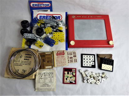 Vintage Hand Slide Puzzle Games, Erector, Toys: Group of Vintage Games- 4 Vintage Hand Slide Puzzle Games (one is wooden); Adam's Chinese Linking Rings; Erector Set; Ohio Art Magic Etch a Sketch Screen and lot of Vintage Dices. Condition: Good