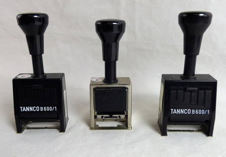 Reiner & Tannco Hand Numbering Stamp Machines: Lot of 3 Hand Numbering Stamp Machines- two are Tannco B600/1 and one is Reiner B2. All came from Illinois Treasurer Office. Condition: used