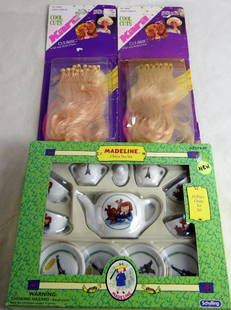Madeline Doll China Tea Set & Kara Cool Cuts Hair: Madeline Doll China Tea Set by Schylling and two 1990 Kenner Kara Cool Cuts Doll Replacement Hair Plugs. Condition: New, boxes might show some shelf wear