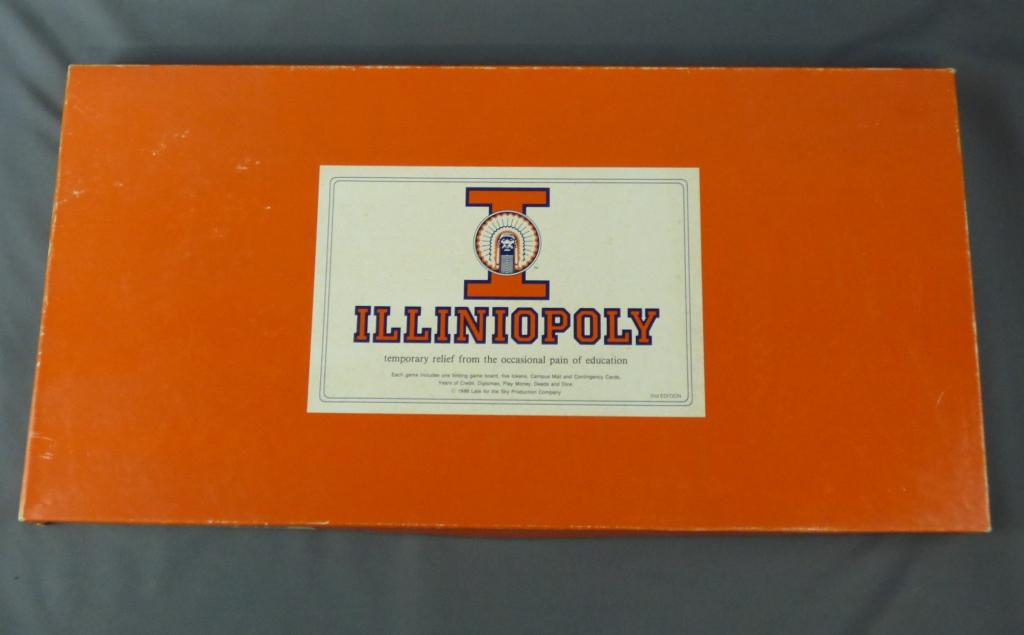 1986 Illiniopoly University of Illinois Monopoly: 1986 Illiniopoly - University of Illinois Monopoly Board Game. Condition: Good, unplayed, box shows minor shelf wear