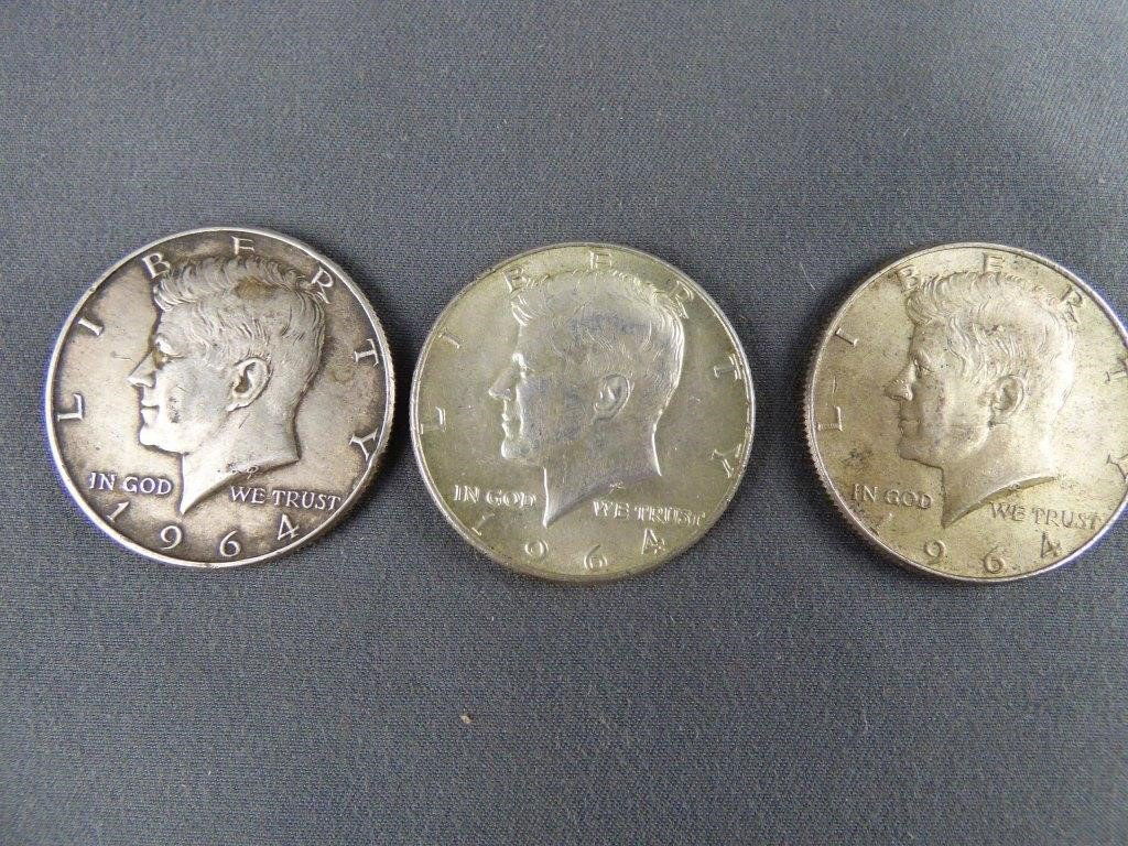 Silver Kennedy Half Dollars- 3 US Coins- 1964 (1 of 3)
