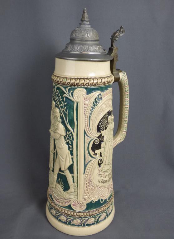 Antique Tall 2L Beer Stein w/Lid - Lovers Scene (1 of 8)