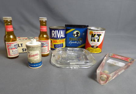 Misc Advertising Collectibles- Beer, Tobacco, Oil: Lot of Vintage Misc Collectibles- Budweiser Salt and Pepper Shakers, Bugler Tobacco Tin, Rival Dog Food Tin Coin Bank, Alemite Kleen Treet KT Engine Oil Tin- sealed, Miller Beer Tap Handle,