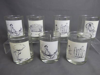 Playboy Style Humor Drinking Glasses: 7 Vintage Playboy Style Humorous Drinking Glasses. Glutton x 2, Nympho, Persnickity x 2, Prude, Spinster. Measure 4 ½" tall. Condition: Good