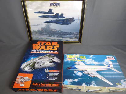 Star Wars & USAF Plane Kits & Blue Angels Fighters: Lot includes: Star Wars The Millennium Falcone Deluxe Paper Model Kit (New), USAF C-118A Presidential Transport Model Kit (partially complete) and framed 2000 Blue Angels Print