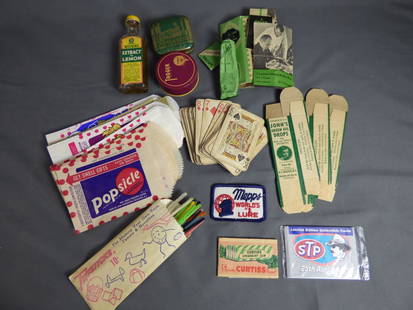 Misc Collectibles-Advertising Tins, Boxes, Patches: Group of Misc Collectibles. Includes: Two Type Writer Tins- Tiger & Durite ribbons, group of Popsicles & Fodgesicles Wrappers, pack of Twisticks, Mepp's Lure Patch, 3 boxes from John's Green Oil