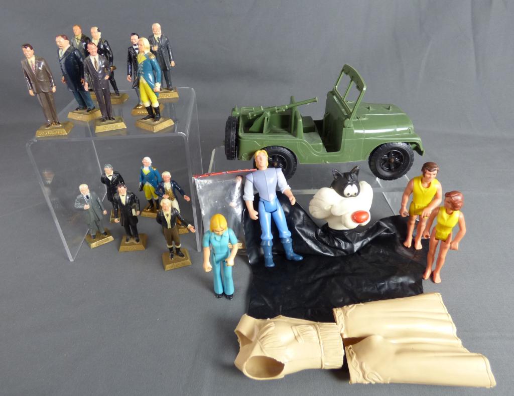 Vintage Toys- Marx Presidents, Jane West , Jeep: Lot of Vintage Toys. Includes group of Marx Presidents, 1970's Marx Jane West Action Figure outfit, Plastic Jeep by Processed Plastic Co, 3 1974 Fisher Price Adventure People, 1960's Warner Bros Silve