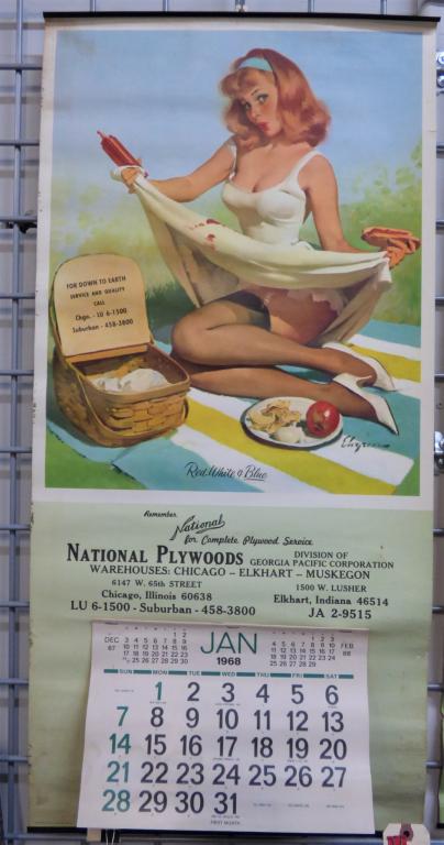 1968 Pin Up Wall Calendar-Gil Elvgren Art: "Red, White & Blue" 1968 Pin Up Wall Calendar by Gil Elvgren. Measures 33" x 16". Condition: Used, has all 12 months pages, has been rolled for many years