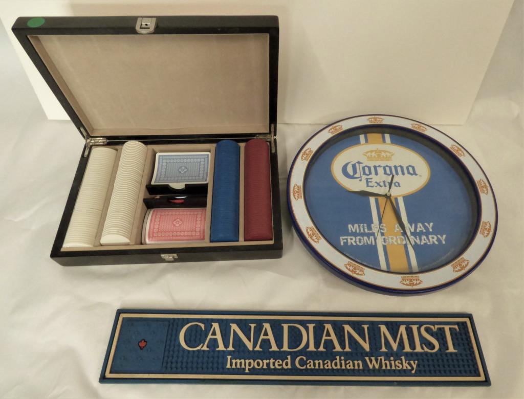 Corona Beer Wall Clock, Poker Playing Card Set: Corona Beer Advertising Wall Clock, Canadian Mist Bar Rubber Mat, Poker Playing Card Set with Chips. Condition: Good, clock untested