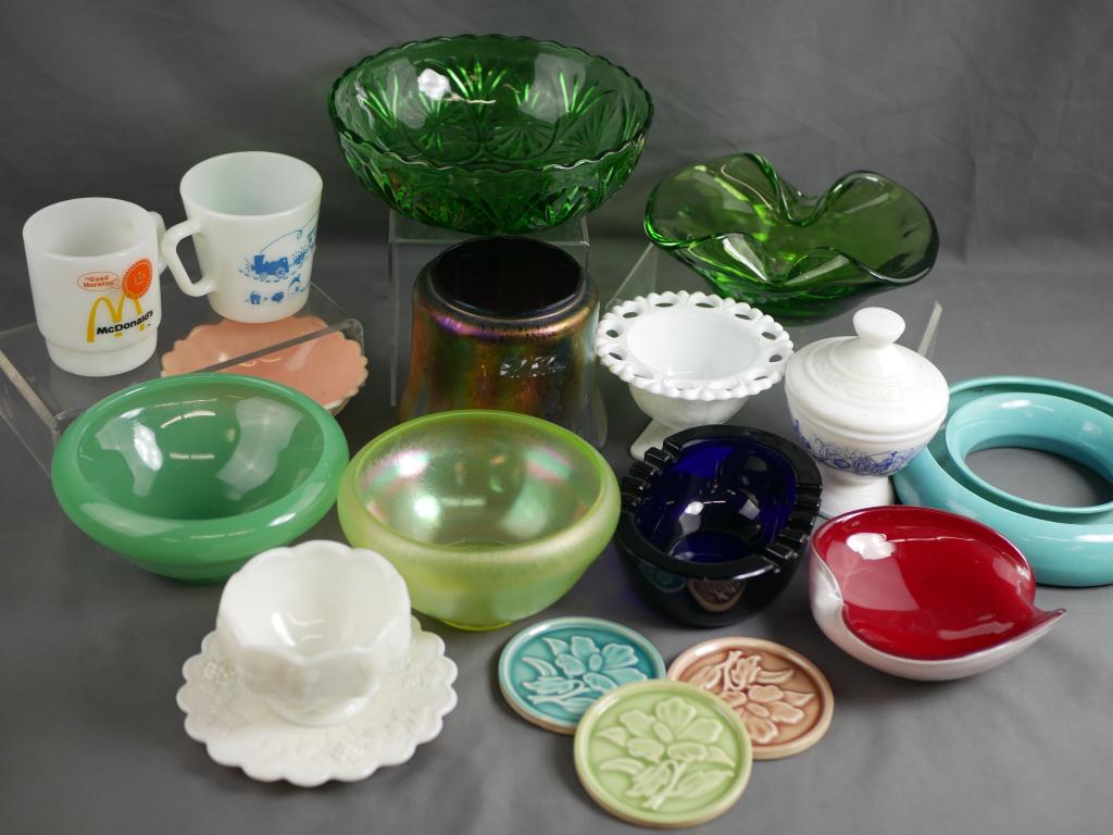 Pottery & Glass Assortment- Milk & Vaseline Glass: Pottery and Glass Assortment including Milk Glass, Vaseline Glass, Carnival Glass Tobaco Jar, Cobalt Blue Ashtray, Art Pottery Coasters, etc... Condition: All appear to be in good condition