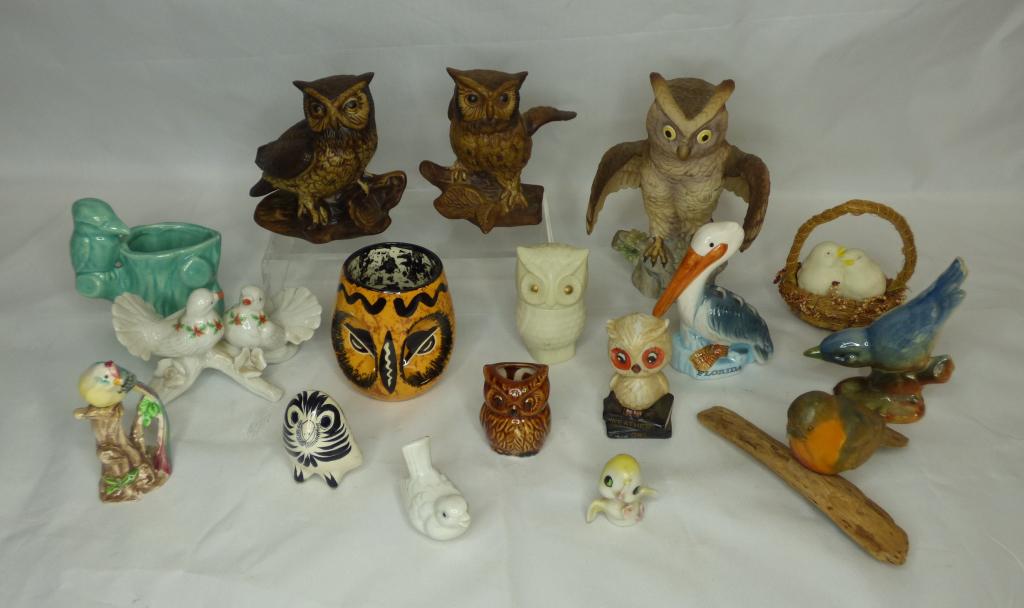 Group of Owl & Bird Figurines and Pottery: Lot of Owl and other Bird Figurines and Pottery. Condition: appear to be in good condition, few might have small chips