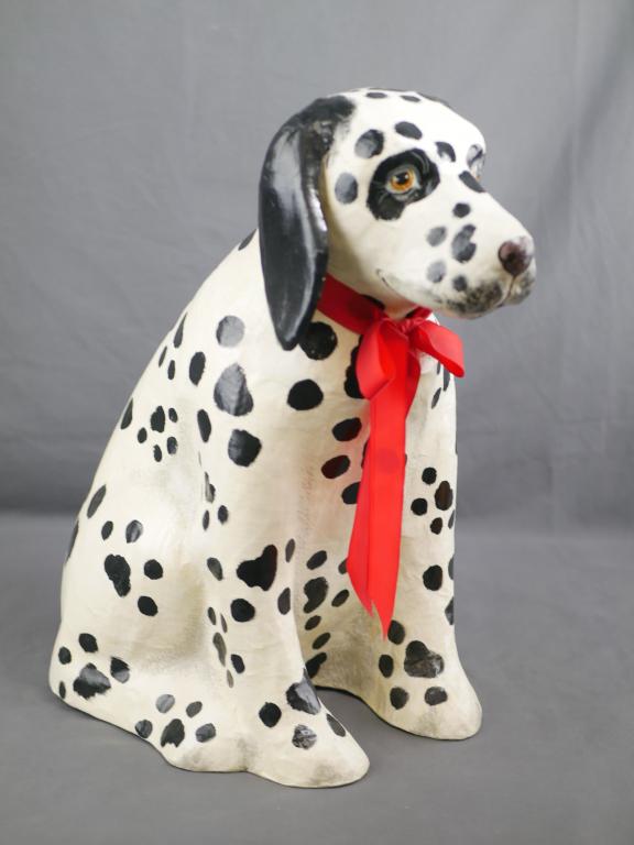 Sitting Dalmatian Dog Sculpture by Silvestri: Sitting Dalmatian Dog Sculpture by Silvestri. Paper Mache. Measures 19" tall. Condition: Good