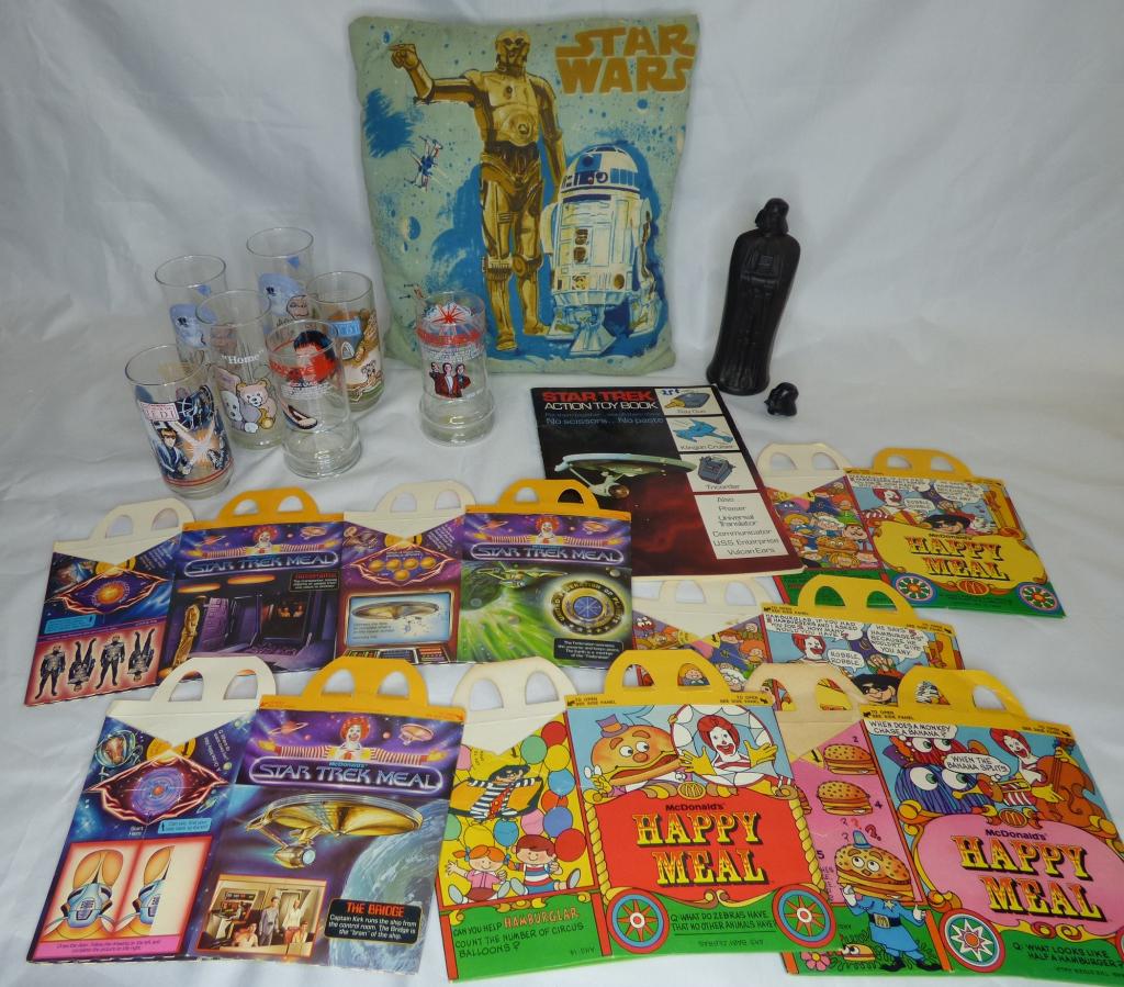 Star Wars & Star Treks Glasses, Pillow: Star Wars & Star Trek Glasses from Mcdonalds and Burger King, Star Wars Pillow, Vintage McDonalds Happy Meal Cases including Star Trek. Condition: Used
