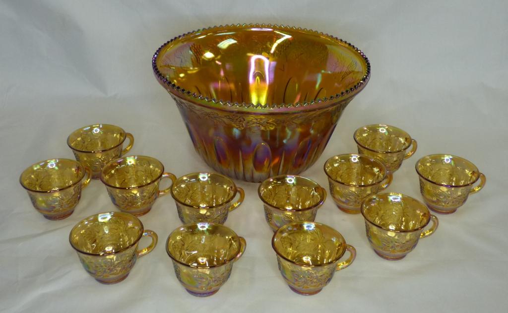 Indiana Carnival Glass Punch Bowl & Cups Set: Indiana Glass Co. Iridescent Gold Carnival Harvest Princess Grapes Punch Bowl and 12 Cups. Condition: Good