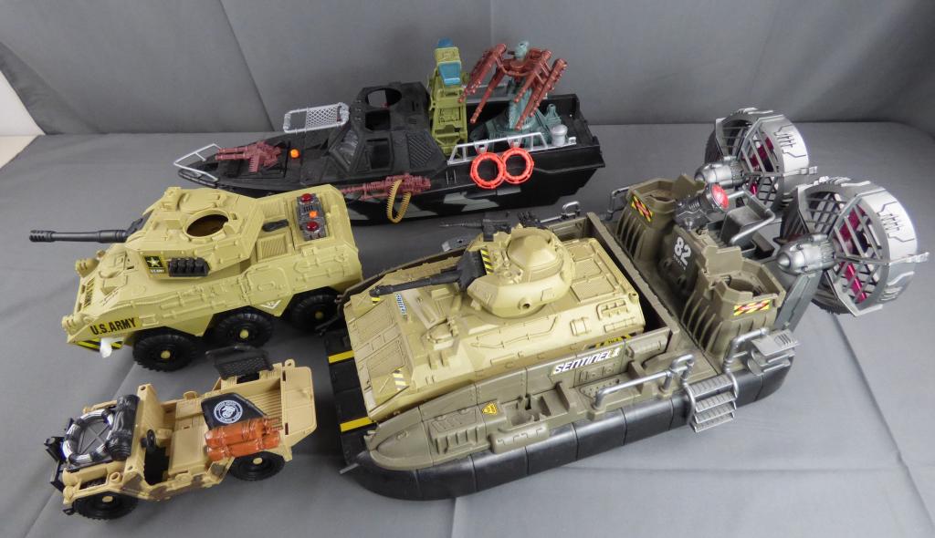 Military Toy Boats & Tanks- Toys'R'Us Maidenhead: Group of Toy Military Boats, Tanks and vehicles mostly by Toys'R'Us Maidenhead. Condition: Used, some might be missing some parts