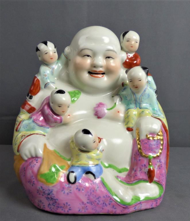 Oriental Happy Buddah w/ Children Sculpture (1 of 4)