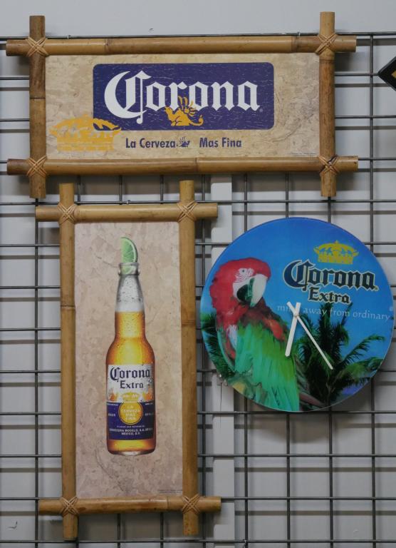 Corona Extra Advertising Beer Signs and Wall Clock: Corona Extra Advertising Beer Signs and Round Glass Wall Clock. Signs are 25" x 13", clock is 14" in diameter. Condition: Good