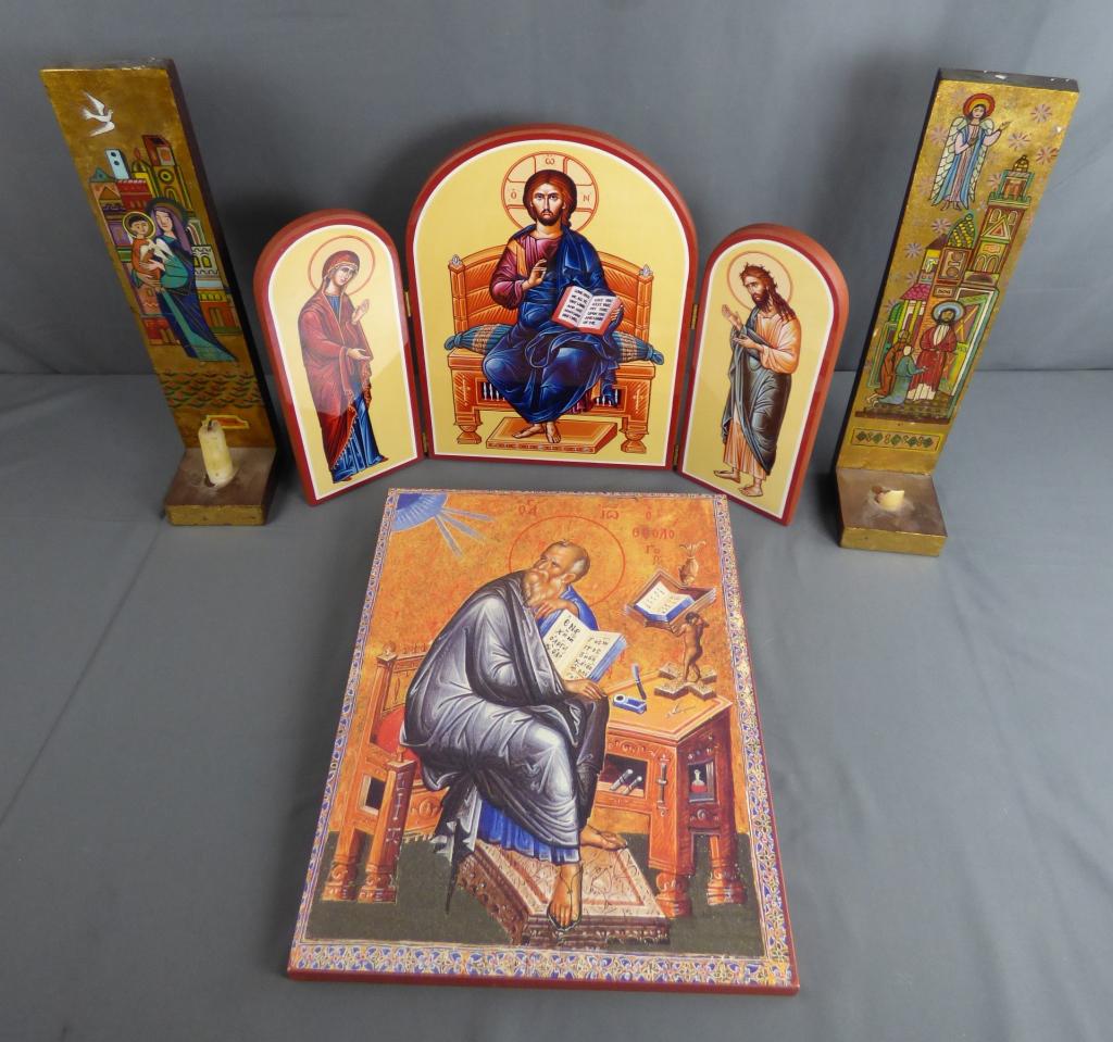 Religious Icons & Hand Painted Wooden Candleholder: Orthodox church religious unfolding Icon "Windowsinto Heaven", Orthodox Unfolding Jesus Icon and Pair of Vintage Handpainted on Wood Candle Holders with Holy Family. Condition: Good