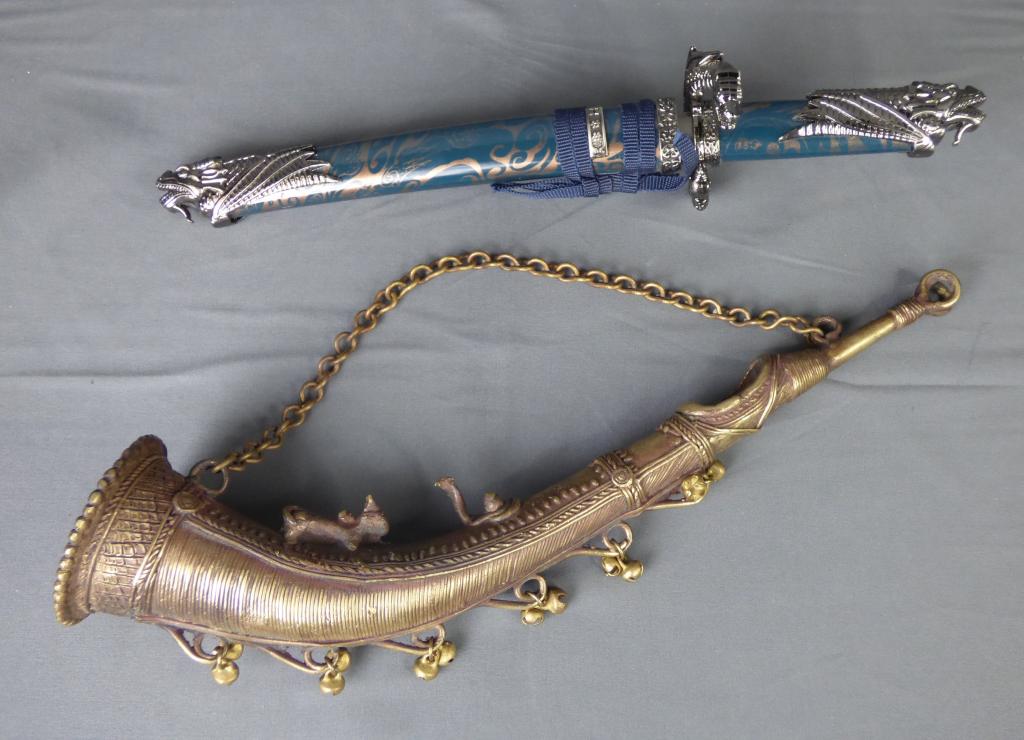 Brass Hunting Horn & Small Samurai Sword w/ Dragon (1 of 9)