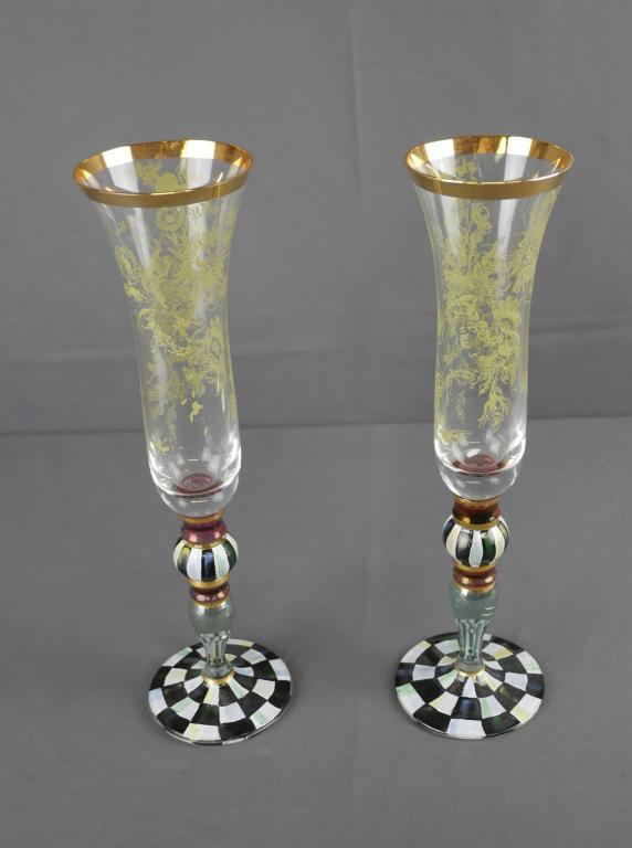 Pair of MacKenzie Childs Blooming Champagne Flutes: Pair of MacKenzie Childs Blooming Champagne Flutes. Measure 11" tall. Condition:Good