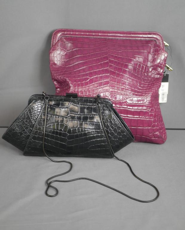 Zac Posen & DKNY Lady Leather Clutches/ Purses: Black Leather Zac Posen Clutch and Purple Leather DKNY Clutch with original bag. Condition: Good