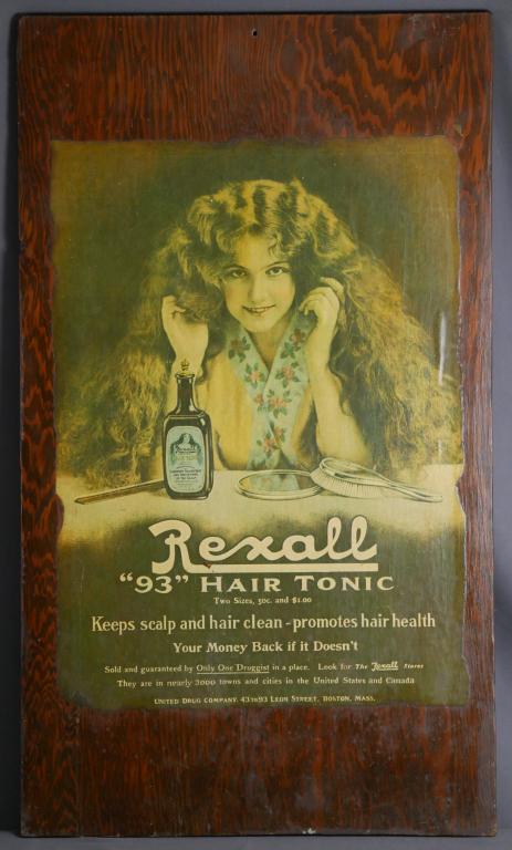 Rexal "93" Hair Tonic Advertising Sign Wood Plaque: Vintage Rexal "93" Hair Tonic Advertising Sign /Wood Plaque. Measures 30" x 17 1/2" . Condition: Good