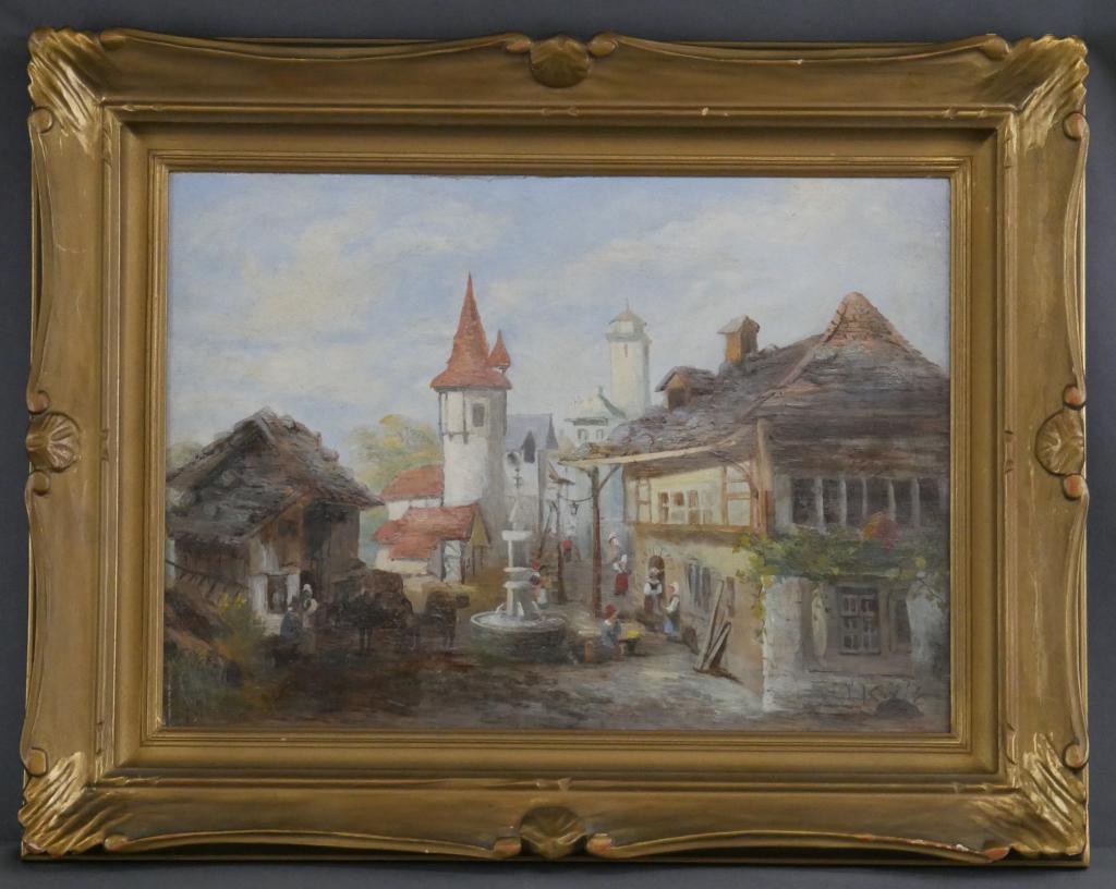 Antique European Village Scene Oil Painting (1 of 4)