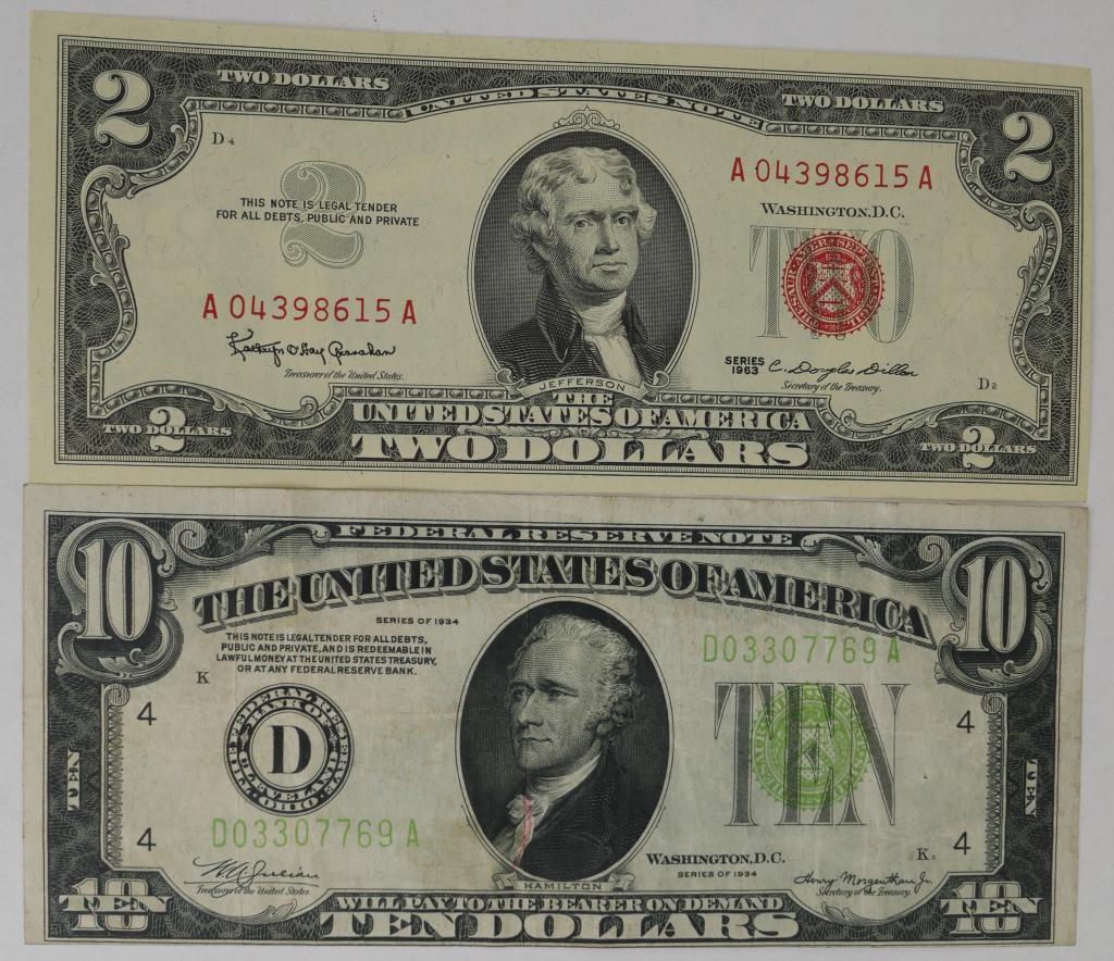 1934 US 10 Dollar Bill & 1963 2 Dollar Bill (1 of 5)