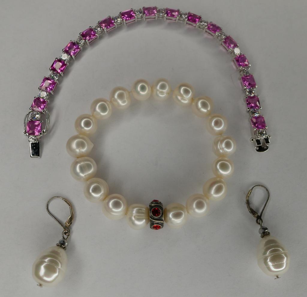 Sterling Silver Jewelry- Bracelets & Earrings: Group of Fashion Sterling Silver Jewelry- Faux Pearls Bracelets with Sterling Insert and Matching Earrings; Sterling Silver Bracelet with Purple Stones. Condition: Good