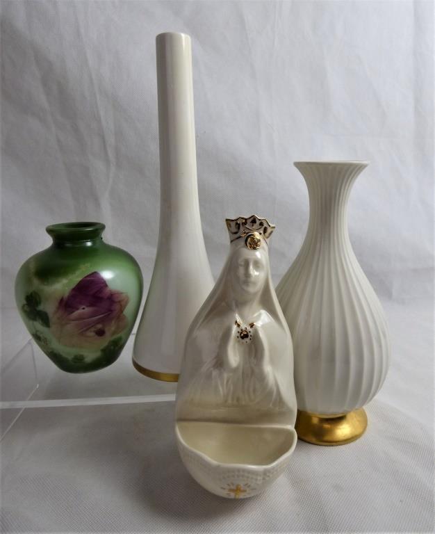 Boehm Porcelain Vases & Belleek Madonna Font: Behm V-4 Vase- 10" tall, Boehm 700-08 Vase- 9" tall, Belleek Madonna Holy Wtaer Font- 7" tall and Pressed Glass Hand Painted Vase- 5". Condition: Good