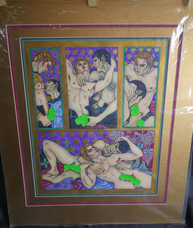 Feyrer Star Trek Fanzine Gay Art Painting: Gayle Feyrer (20th Century, American). Original Star Trek Fanzine Gay Art Painting. Pencil, Gel Pen, Watercolor. Measures 23"x 20". Condition: Good