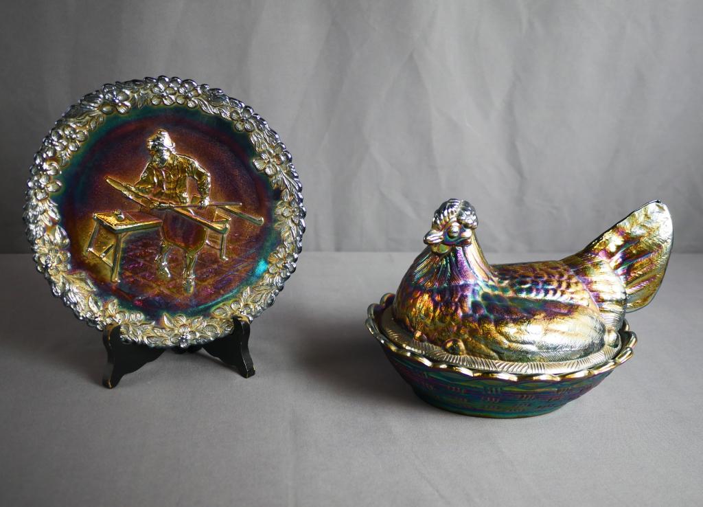 Fenton Carnival Glass Hen on Nest & Plate (1 of 9)
