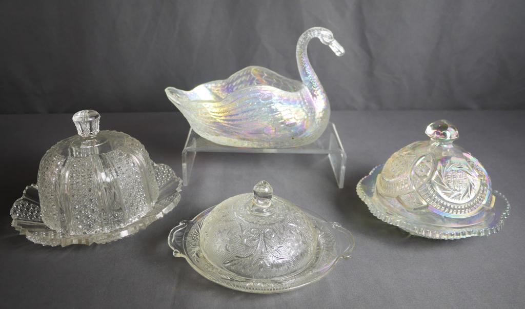 Carnival & Depression Glass- Imperial Swan: Carnival & Depression including Larg Imperial Swan. Measure: Swan- 6" x 9" x 4 1/2". Covered dishes- 5"-6" tall, Plate- 8" in diameter. Condition: Good
