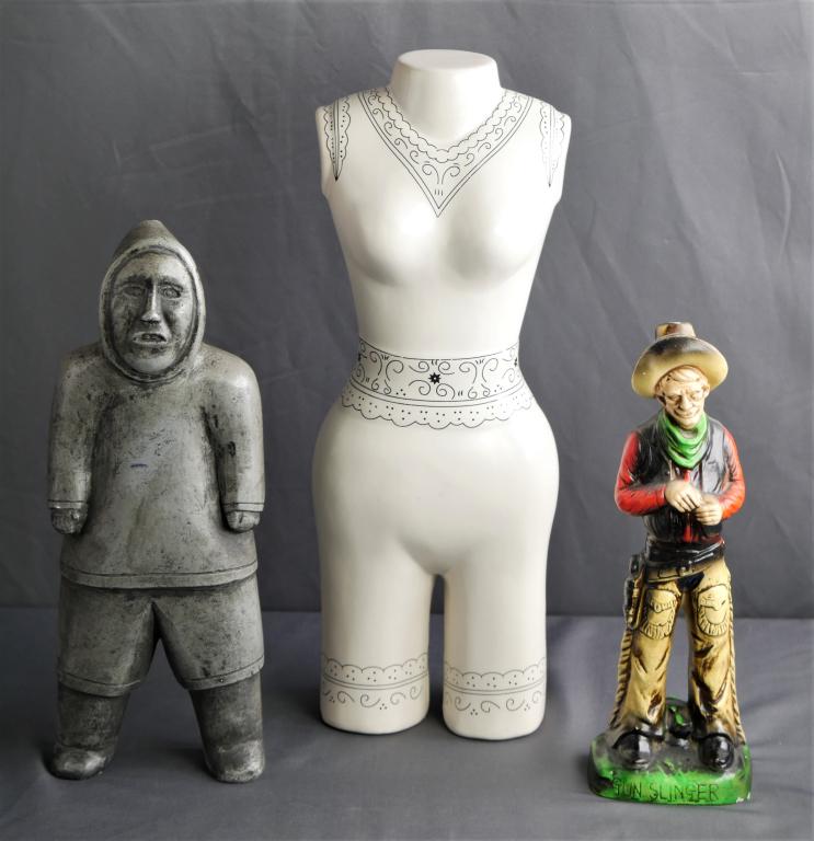 Chalkware Gunslinger, Eskimo & Lady Torso Pottery: Vintage Chalkware Gunslinger Cowboy , Eskimo Figurine by Austin Productions and Ladiest Pottery Torso. Measure 17"-12" tall. Condition: Good, minor loss to finish on chalk on Ganslinger
