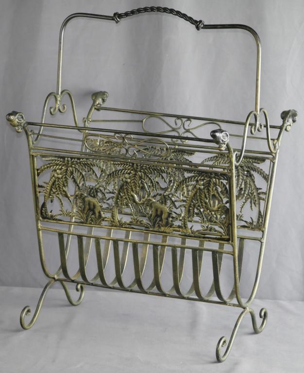 Vintage Metal Magazine Rack with Elephants: Vintage Metal Magazine Rack with Elephants. Measure 24" x 16 1/2" x 15". Condition: Good