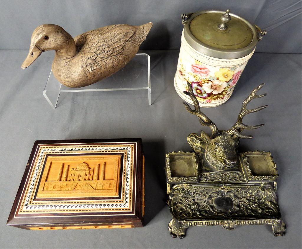 Antique Elk Inkwell, Carved Duck Decoy & Jewelry B: Antique Elk Inkwell marked 164 on Verso, Hand Carved Duck Decoy marked JM on Bottom; Antique Devon Ware Biscuit Jar with Lid and Carved Wood Taj Mahal Jewelry Box. Condition: Biscuit Jar has hair crac