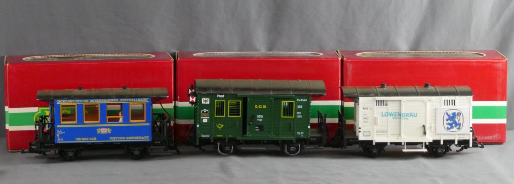 LGB Lehmann G Scale RR Train Cars- Dining, Postal: Lot of 3 LGB Lehmann G Scale Train Cars- #3013 Dining Car; #4032L Lowenbrau Car; #3019 Postal Car. All come with original boxes. Condition: All Appear to be in good condition
