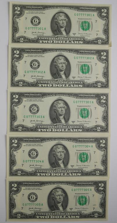 5 2017 Sequential $2 Dollar Banknotes w/ Quad 7s (1 of 3)
