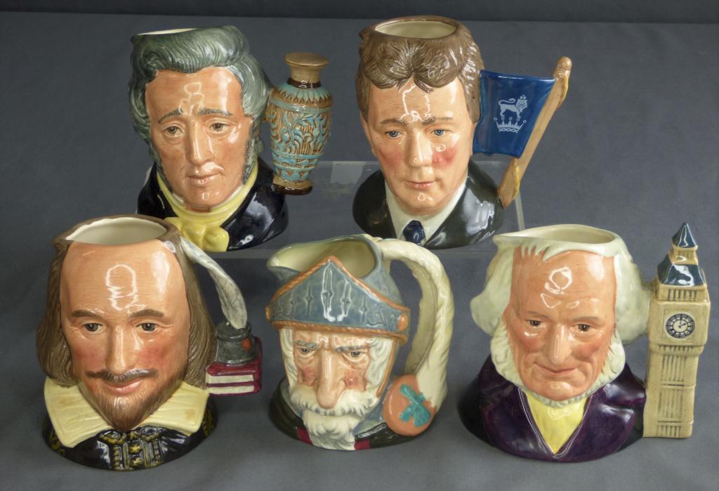 Royal Doulton 5 Figural Character Toby Jugs/ Mugs: Lot of 5 Medium Size Royal Doulton Character Toby Jugs- D6703 Sir Henry Doulton; D6656 John Doulton; D6808 Michael Doulton- Signed; D6938 Shakespeare and Don Quixote. Measure 4 1/4"- 3 3/4" tall. Cond