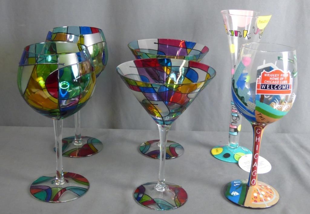 Stained Glass Hand Painted Wine & Martini Glasses: Stained Glass Inspired Hand Painted Stemware- Two Wine Glasses and Two Martini Glasses. Two Lolita Hand Painted Glasses are included- one is "Chicago" theme and another one is "Thank You". Measure 10"