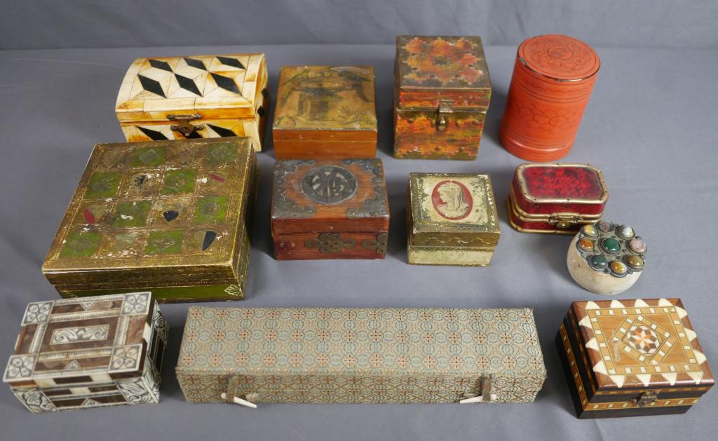 Vintage Trinket and Jewelry Boxes: Group of Vintage Trinket and Jewelry Boxes including Wooden, Inlay, Bone Inlay, Semi Precious Stones Box; Laquered Round Box, etc... Condition: Used, some are as found