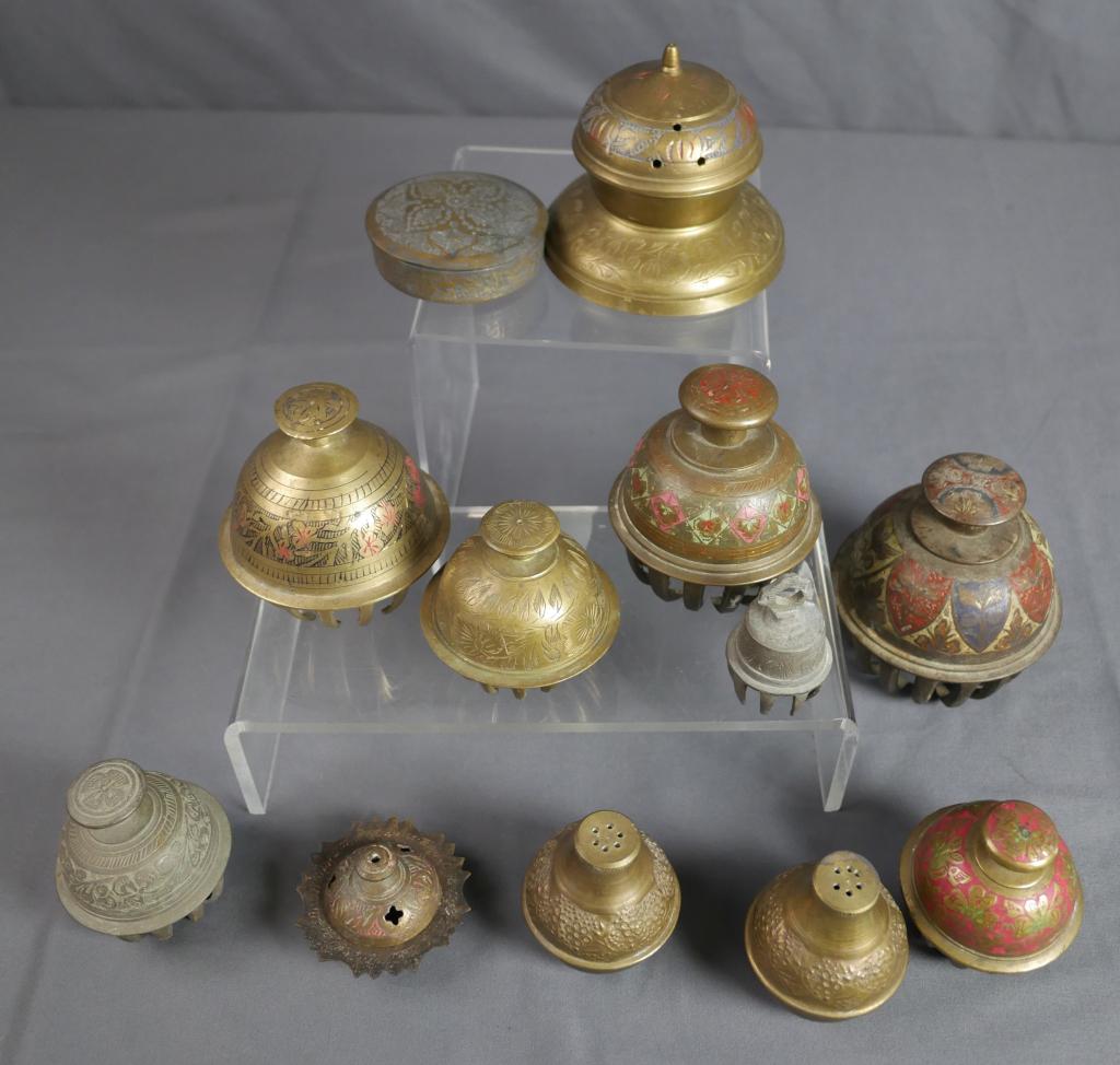 Vintage Indian Elephant Claw Brass Bells & Incense: Vintage Indian mostly Brass Elephant Claw Bells, Incense Burners and Salt & Pepper Shakers. Measure 4" -2" tall. Condition: Good