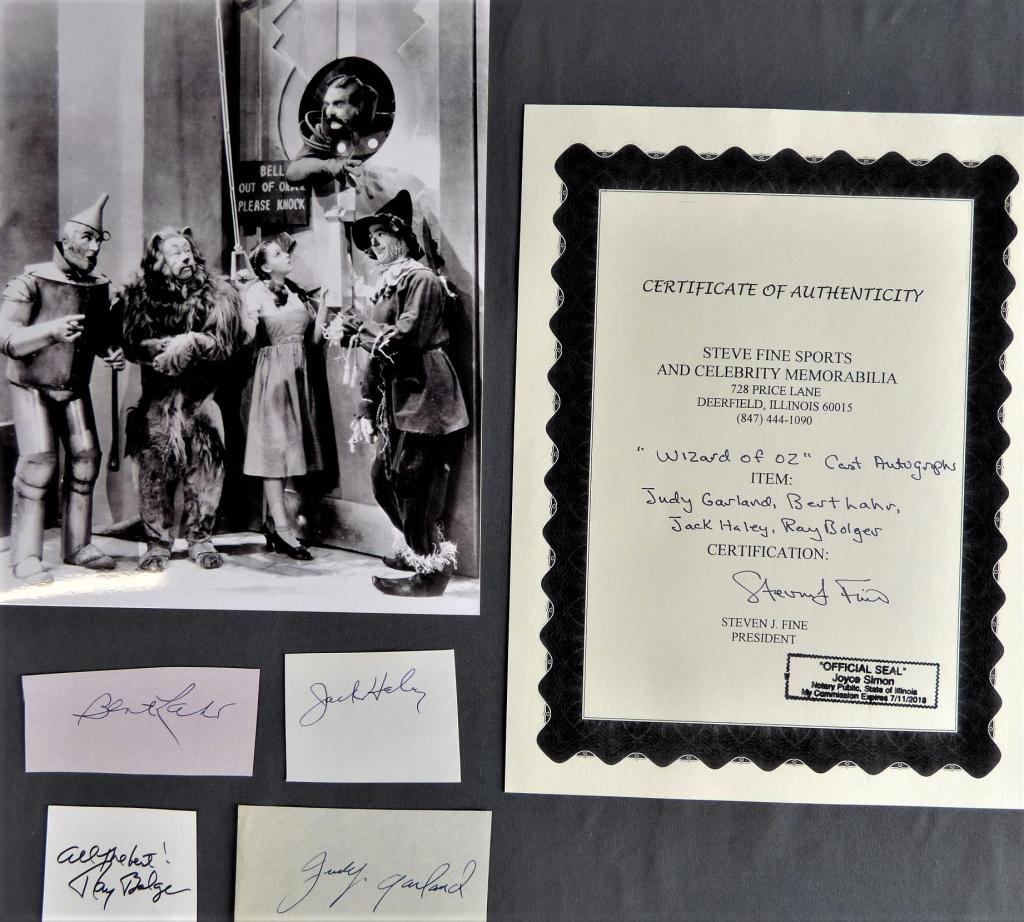 "Wizard of Oz' Cast Autographes- Judy Garland, Ber: "Wizard of Oz' Cast Autographes- Judy Garland, Bert Lahr, Jack Haley and Ray Bolger. Come with COA. Condition: Good