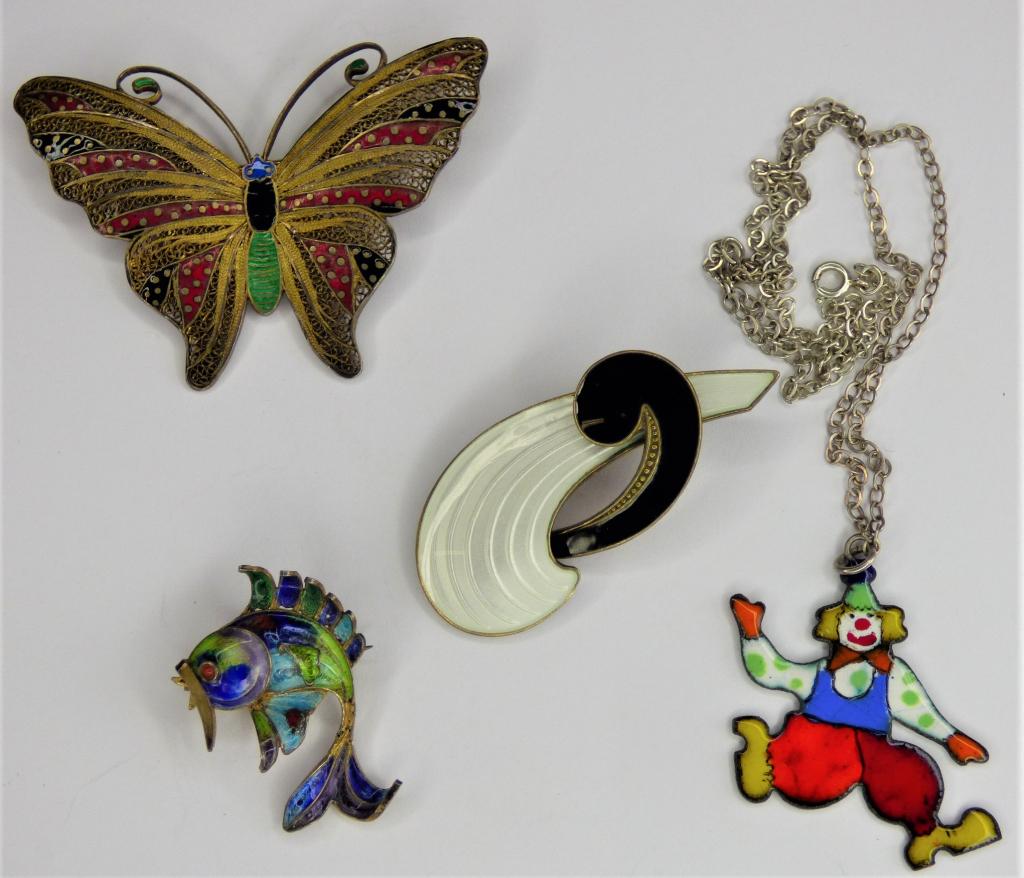 Enamel on Sterling Silver Jewelry- Brooches, Neckl: Enamel on Sterling Jewelry. Lot Includes: Enamel Clown Pendant on Sterling Chain; White/ Black Enamel on Sterling Brooch; Enamel on Sterling Butterfly Brooch and Cloisonne Enamel Fish on Sterling Broo