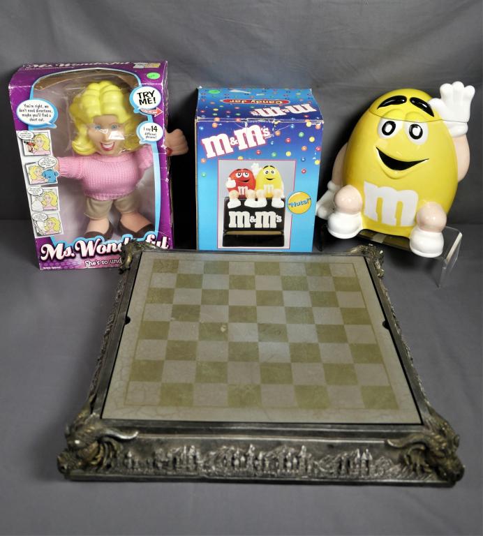 M&Ms Candy Jars, Fantasy Chess Set, Mrs Wonderrful: Two M&Ms Candy Jars, Fantasy Chess Set, Mrs Wonderrful Talking Doll . Condition: Mostly good, Chess set has some chips and missing one piece