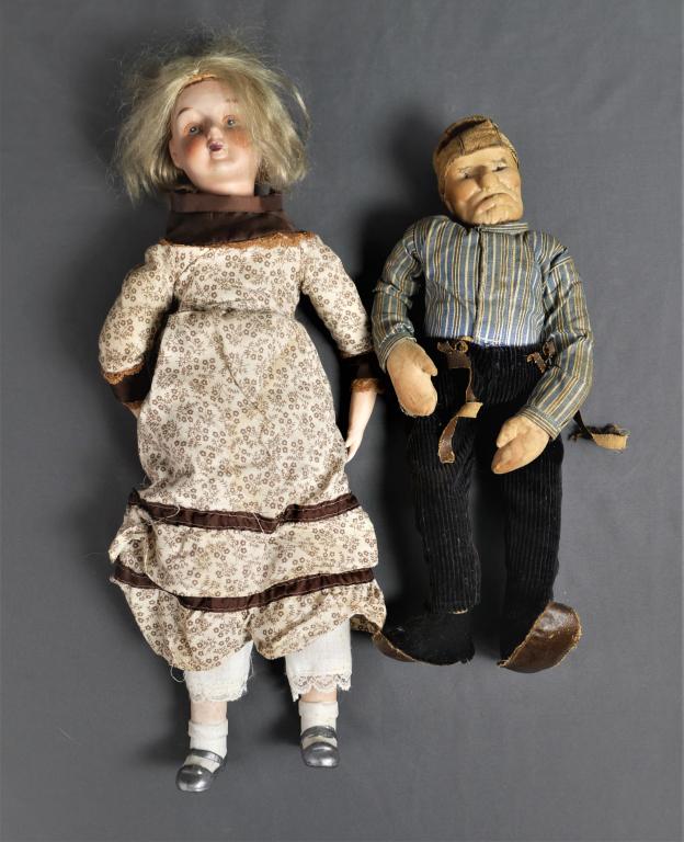 Two Antique Dolls- Bisque Doll & Cloth Doll (1 of 8)
