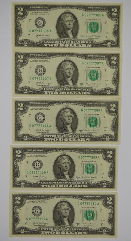 5 2017 Sequential $2 Dollar Banknotes w/ Quad 7s (1 of 3)